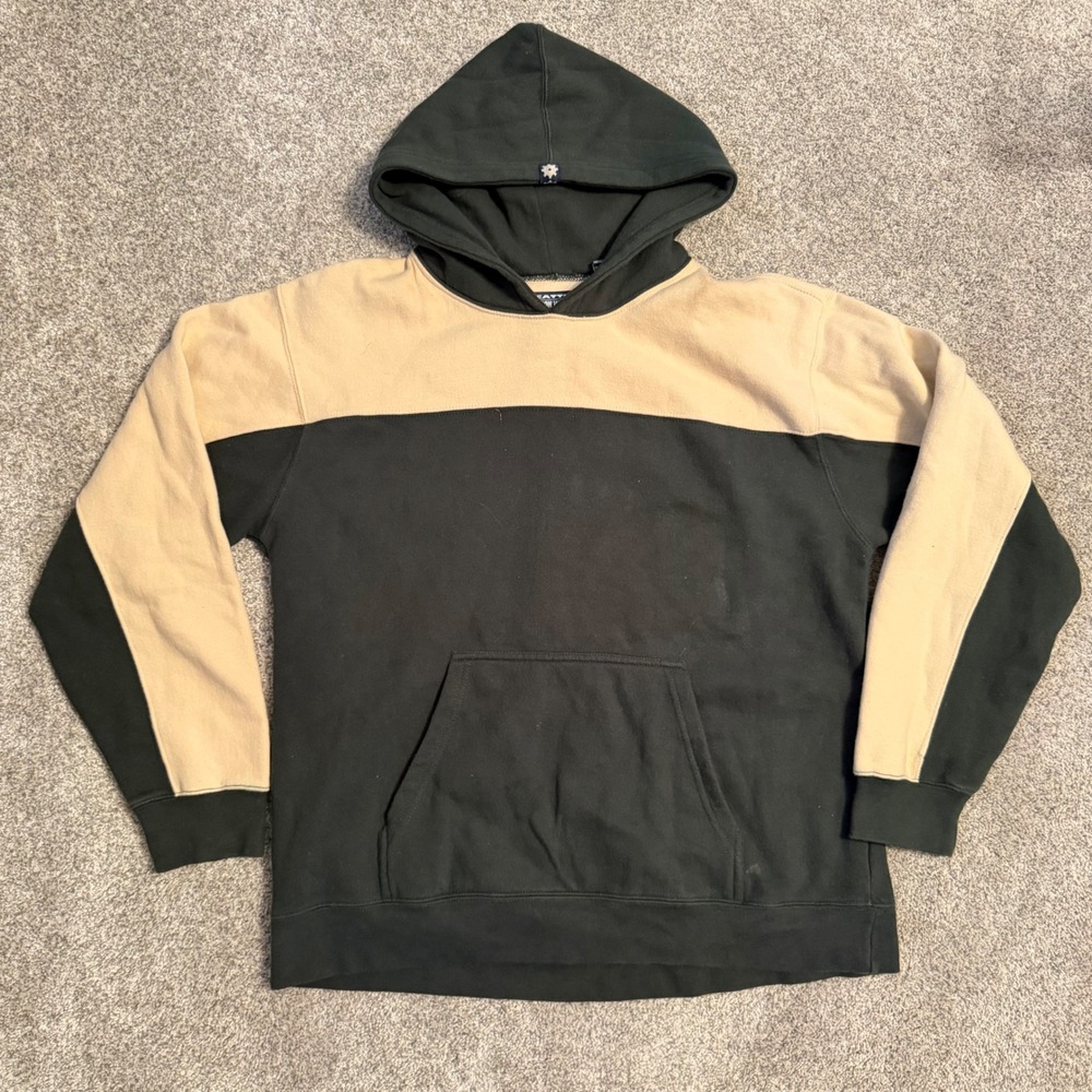 Seattle Cotton Works Mens Hoodie Green Tan Colorblock Pullover Sweatshirt M
